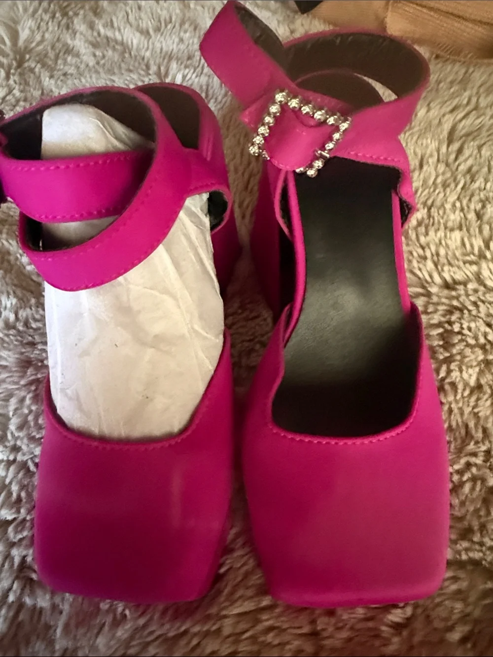 Women’s Hot Pink Square-Toe Ankle Strap Heels with Rhinestone Buckle